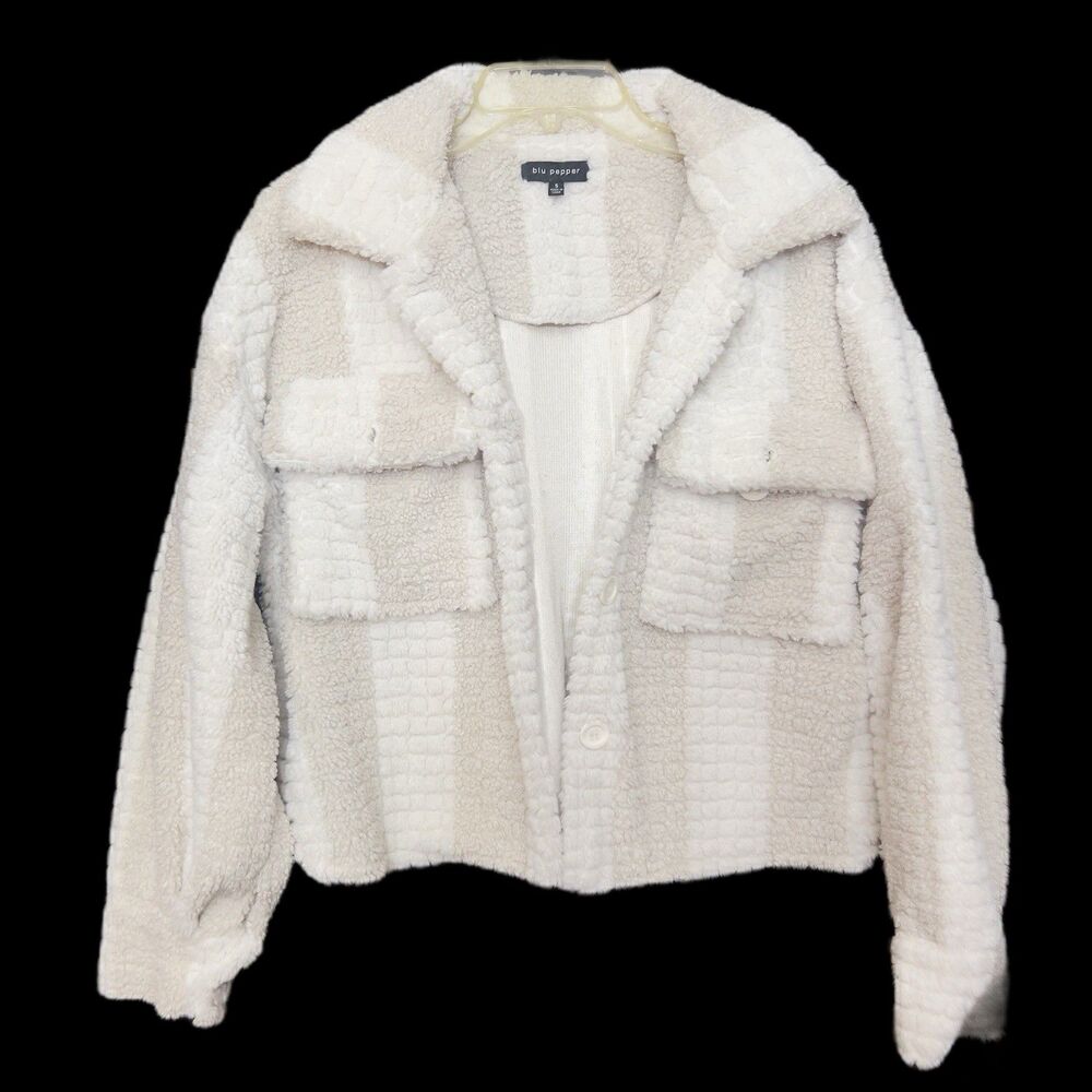Blu Pepper - Cream & Tan Striped Teddy Jacket - Front Chest Pockets - Women’s SM